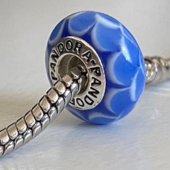 PANDORA Silver 925 ALE Murano Glass Screw Core Stacked Petals Blue Bead - Picture 8 of 8